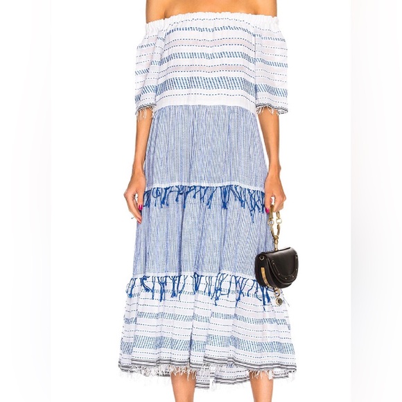 LemLem‎ tiki long tier dress womens size M blue & whited striped maxi w/ fringe - Picture 1 of 6